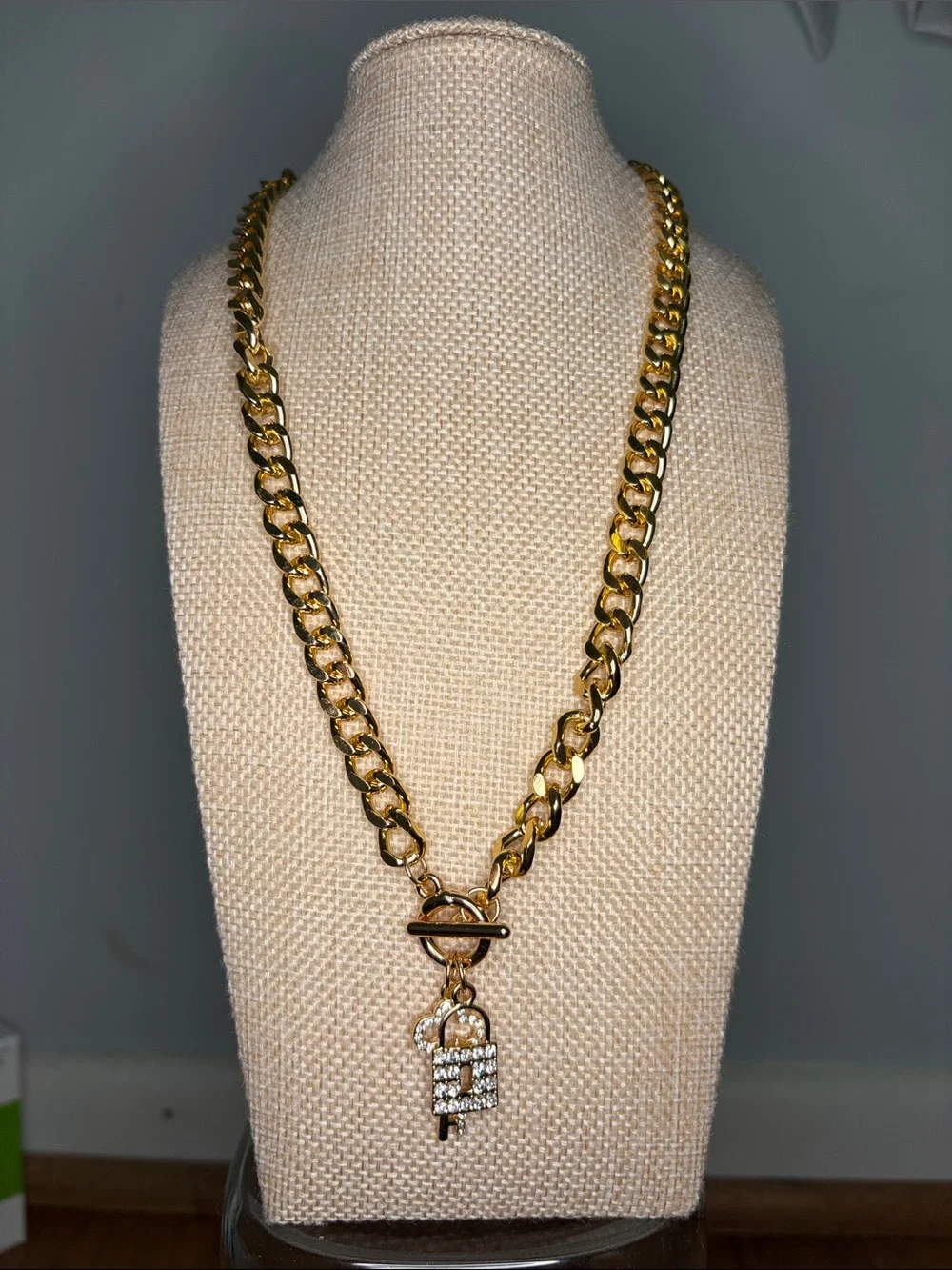 Gold-Tone Chain Necklace with Crystal Lock Pendant - Women Jewelry